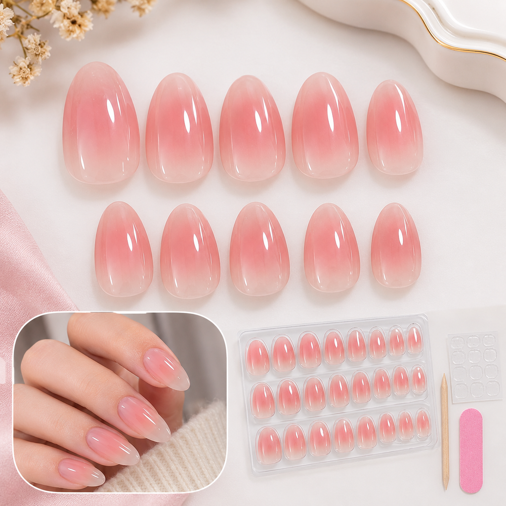 Glossy Blush Pink Ombre Press-On Nails – 24PCS Almond Nail Set