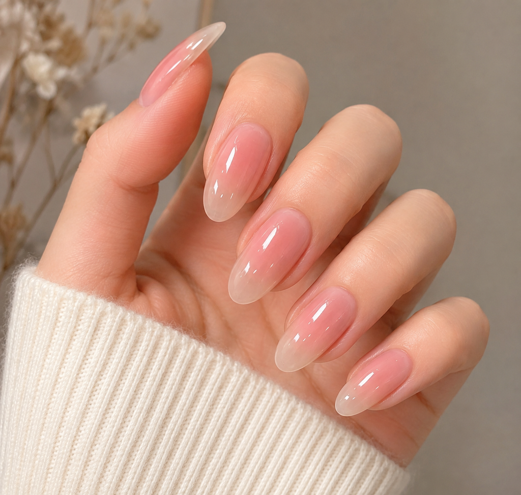 Glossy Blush Pink Ombre Press-On Nails – 24PCS Almond Nail Set