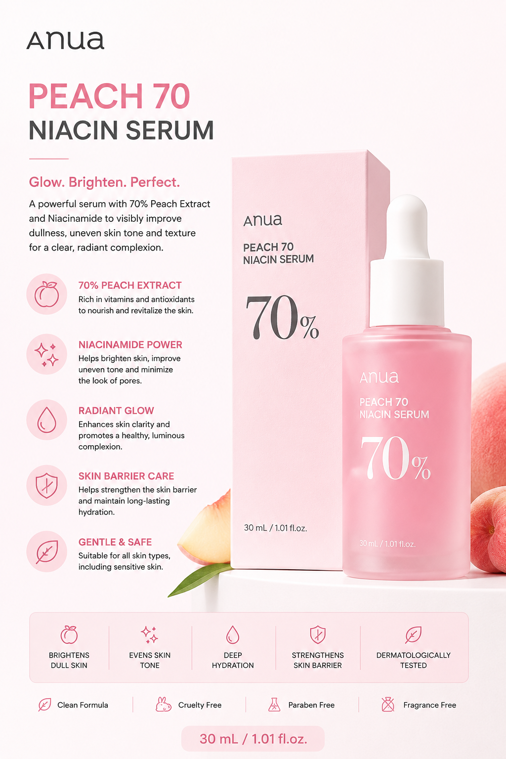 Anua Peach 70 Niacin Serum 30ml | Brightening & Hydrating Face Serum