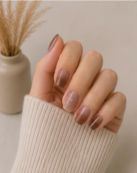 Mocha Glitter Accent Square Press-On Nails – 24PCS Premium Nail Set