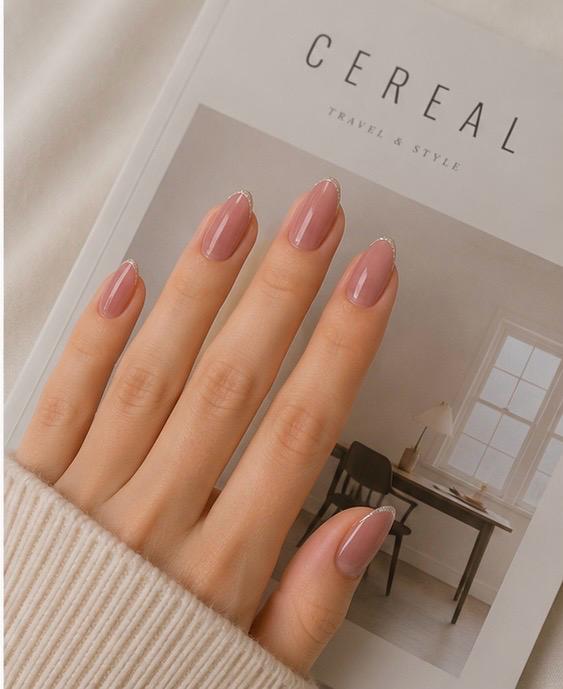 Nude Pink Silver French Almond Press-On Nails – 24PCS Premium Nail Set