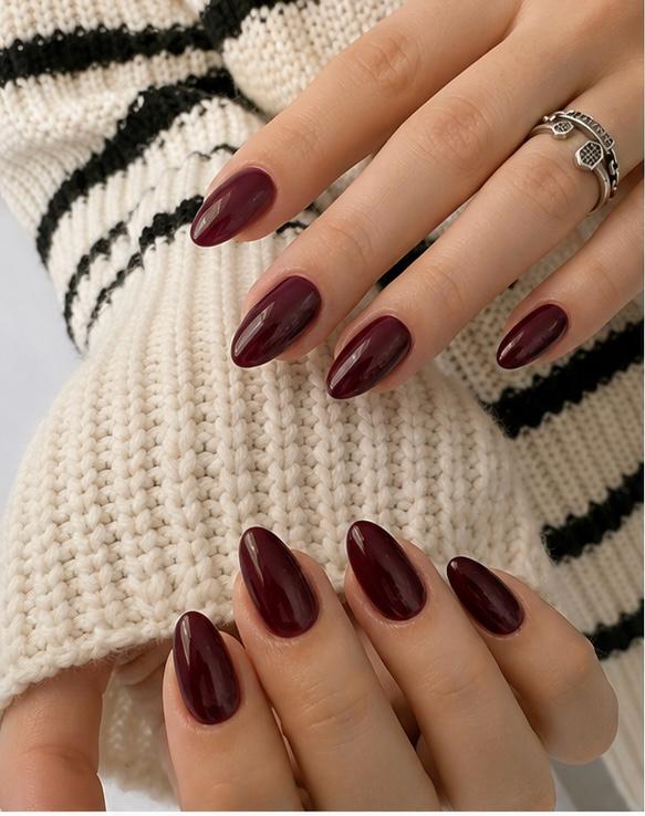 Burgundy Wine Glossy Almond Press-On Nails – 24PCS Premium Nail Set