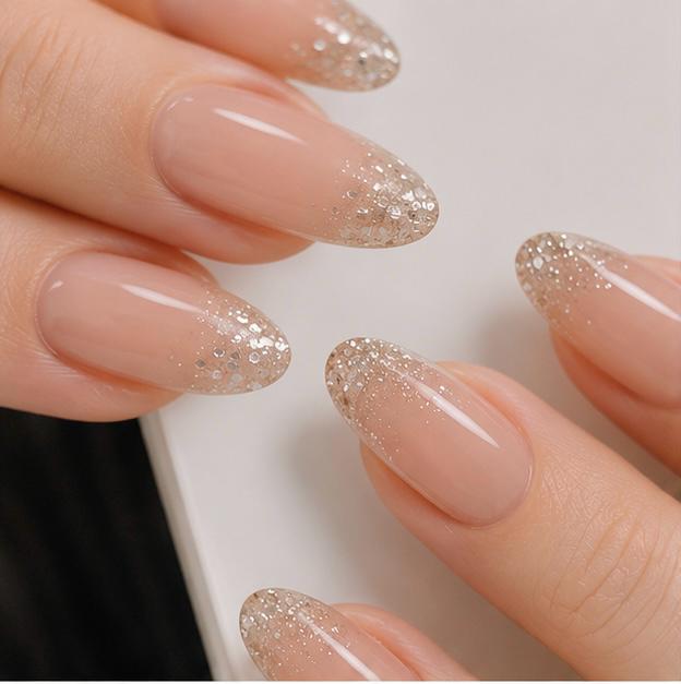 Nude Glitter French Almond Press-On Nails – 24PCS Premium Nail Set