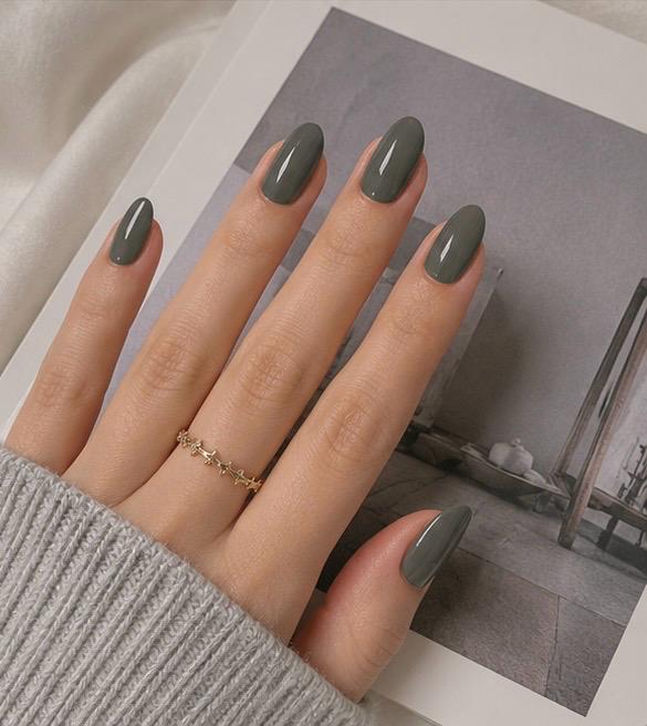 Olive Green Glossy Almond Press-On Nails – 24PCS Premium Nail Set