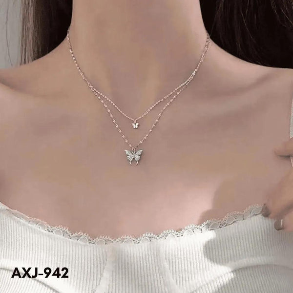 Double Layer Butterfly Pendant Necklace for Women – Silver Plated Crystal Necklace