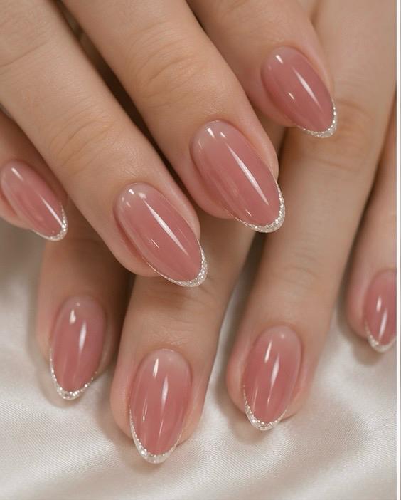 Nude Pink Silver French Almond Press-On Nails – 24PCS Premium Nail Set