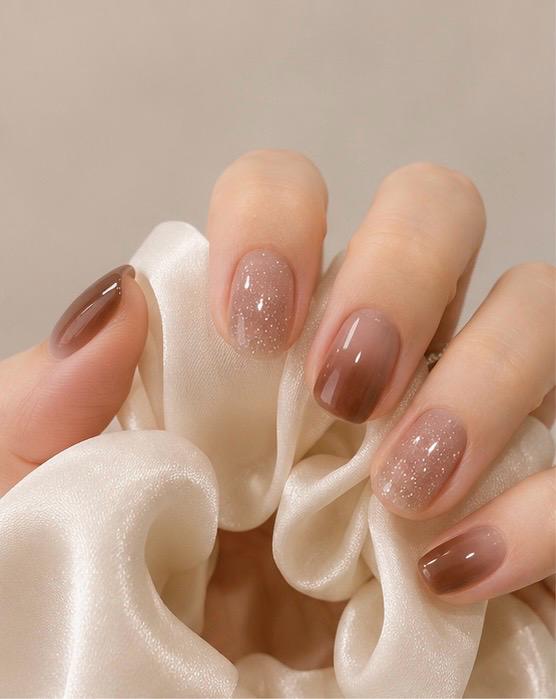 Mocha Glitter Accent Square Press-On Nails – 24PCS Premium Nail Set