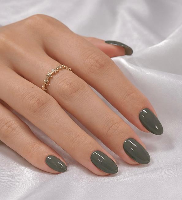 Olive Green Glossy Almond Press-On Nails – 24PCS Premium Nail Set