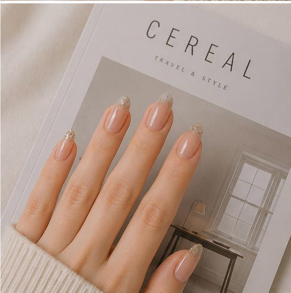 Nude Glitter French Almond Press-On Nails – 24PCS Premium Nail Set