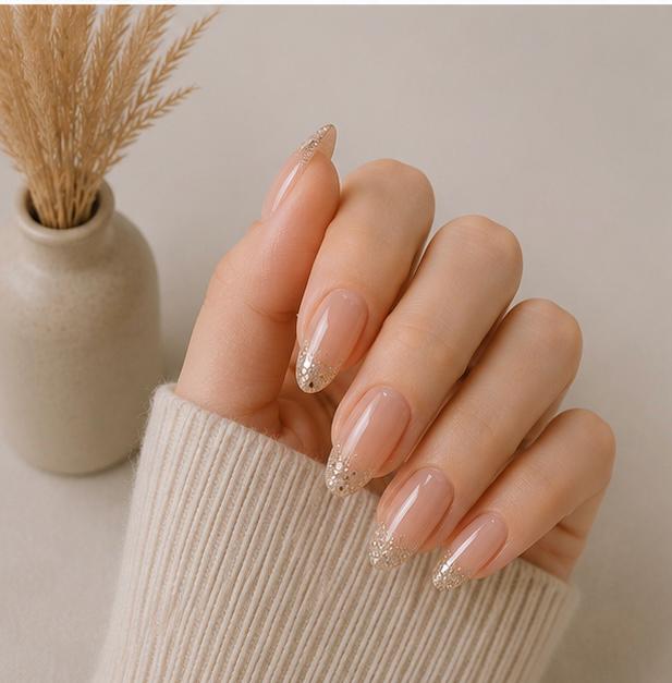 Nude Glitter French Almond Press-On Nails – 24PCS Premium Nail Set