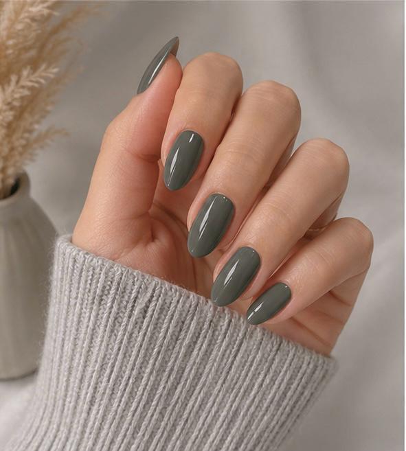 Olive Green Glossy Almond Press-On Nails – 24PCS Premium Nail Set