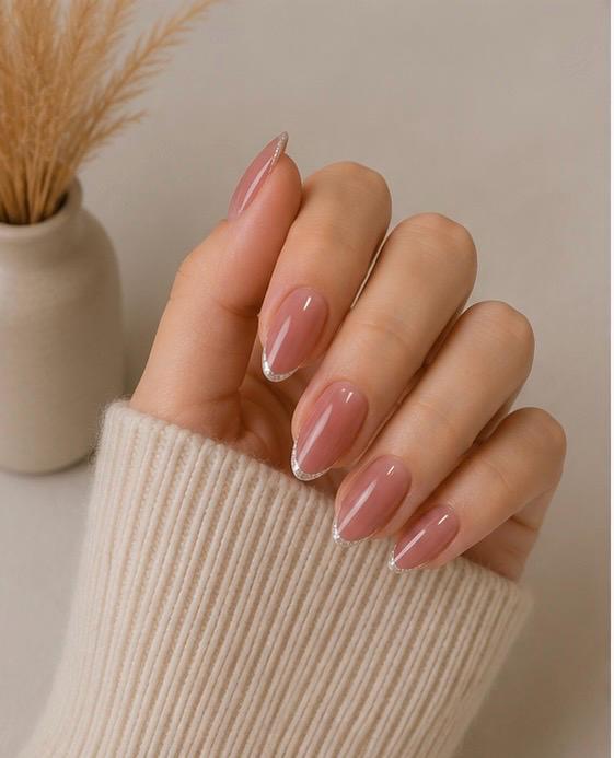 Nude Pink Silver French Almond Press-On Nails – 24PCS Premium Nail Set