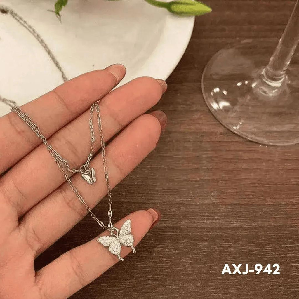 Double Layer Butterfly Pendant Necklace for Women – Silver Plated Crystal Necklace