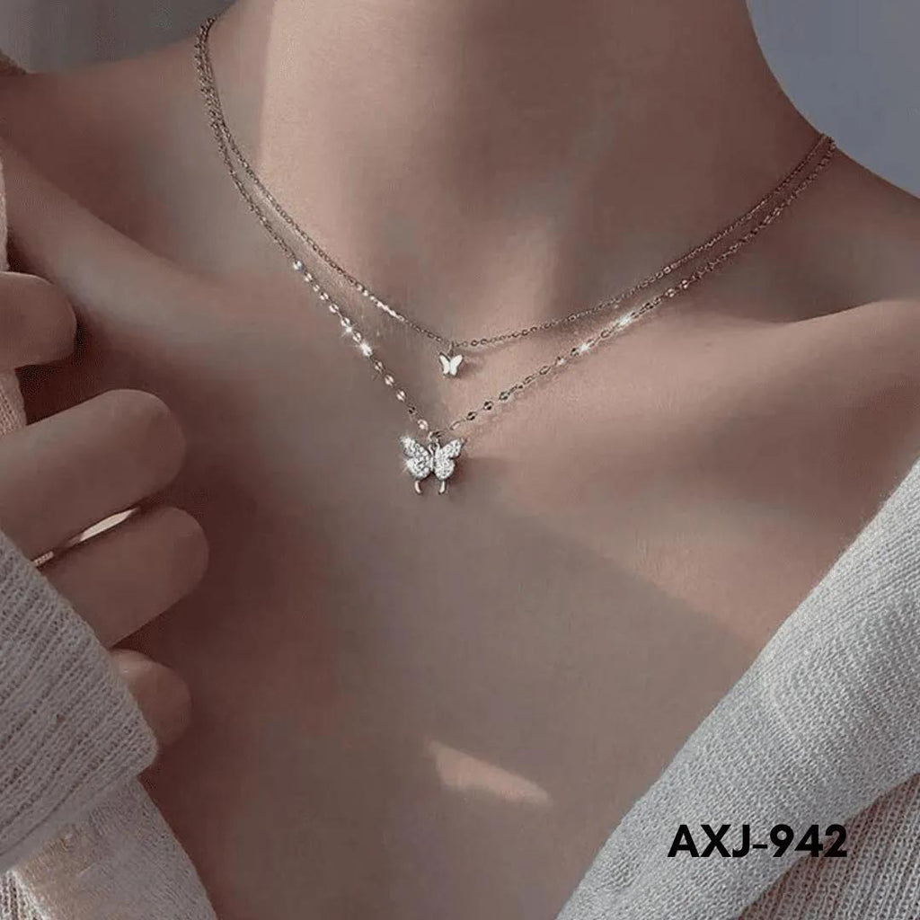 Double Layer Butterfly Pendant Necklace for Women – Silver Plated Crystal Necklace