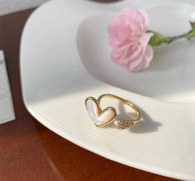 Luxury Heart Adjustable Open Ring for Women – Gold Plated Pearl & Crystal Ring
